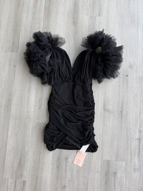 SHEIN Black Ruched Mini Dress with Tulle Sleeves